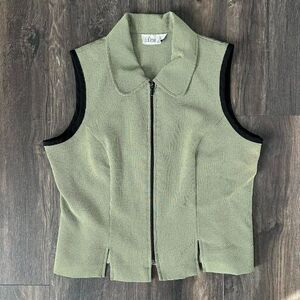 Vintage Lisa Jo Full Zip Vest Green Black Houndstooth Collared Sleeveless Large